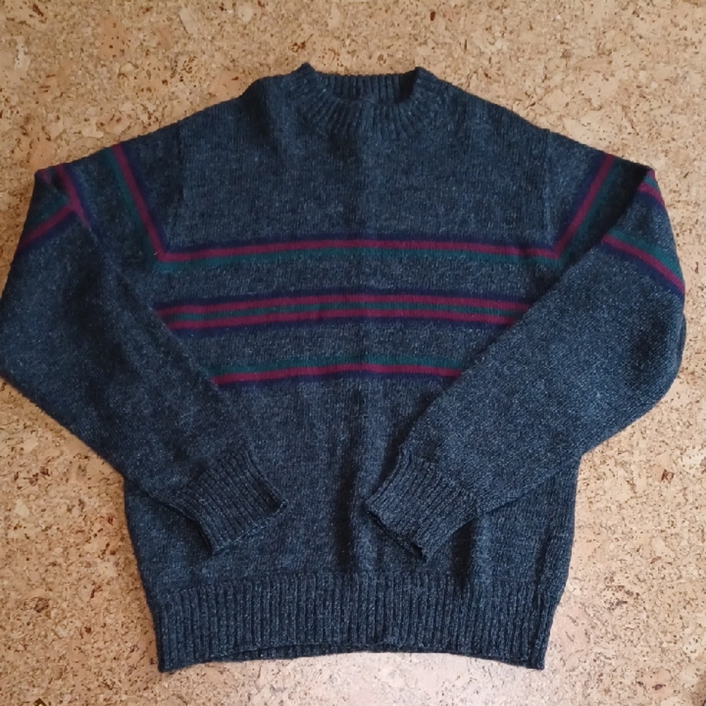 Vintage Alps Men's Grey Striped Pure Wool Crew Neck Pullover Sweater Size XL